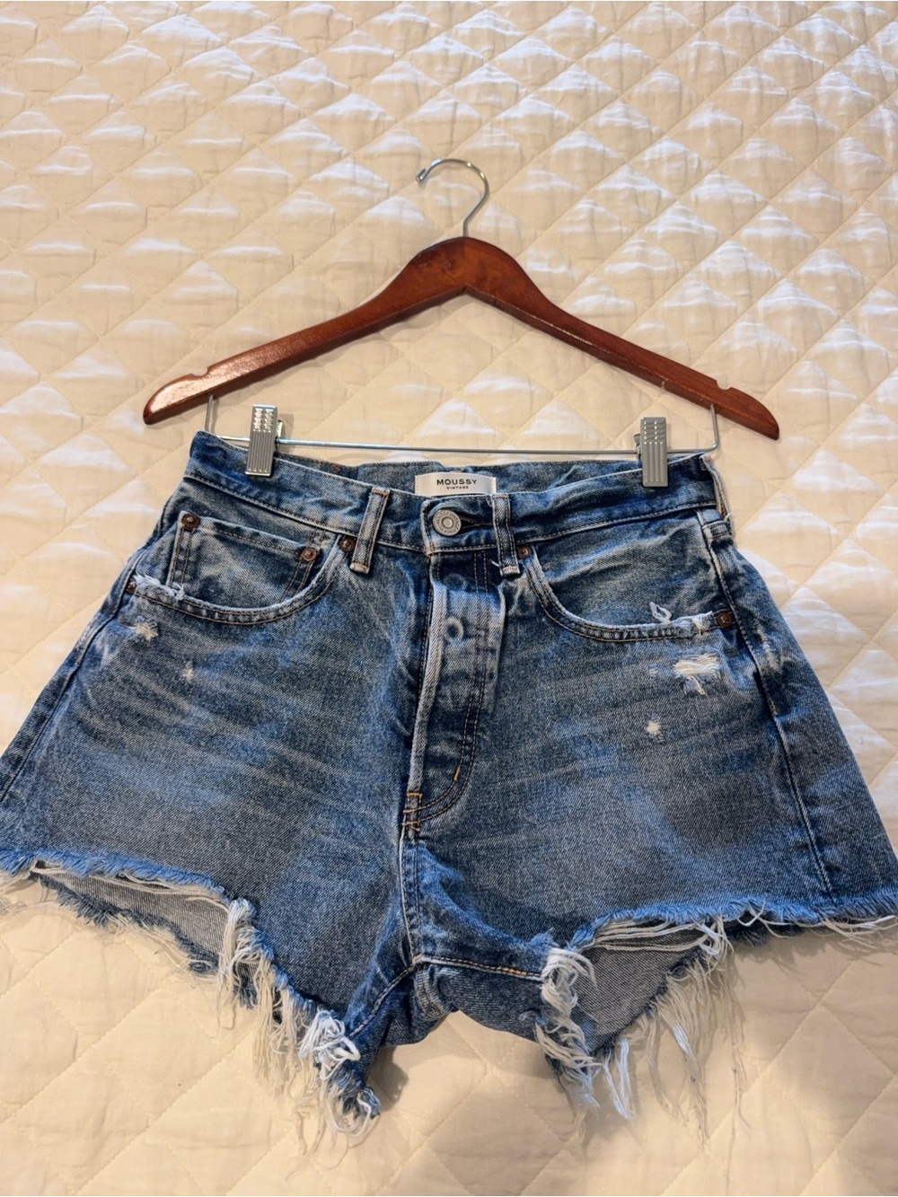Moussy Frayed High-Waist Denim Shorts in Light Blue